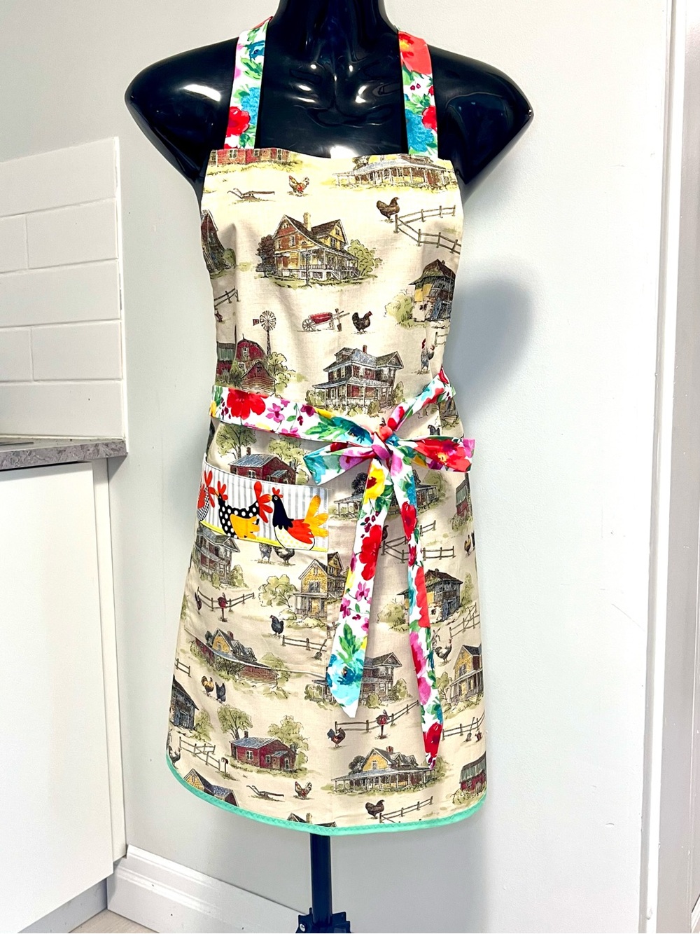 Farmhouse Print Apron with Floral Ties